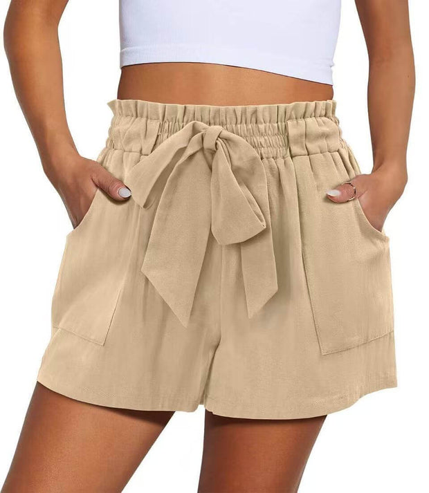 Summer New Elastic Waist Drawstring Knotted Short Solid Color Casual Women