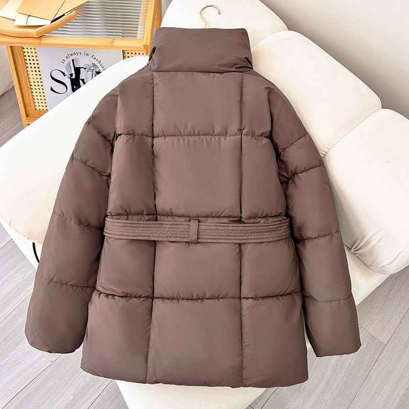 Winter Thick Stand Collar Women's Winter Puffer Jackets - Elegant Short Coats with Tie Waist for Ladies Streetwear
