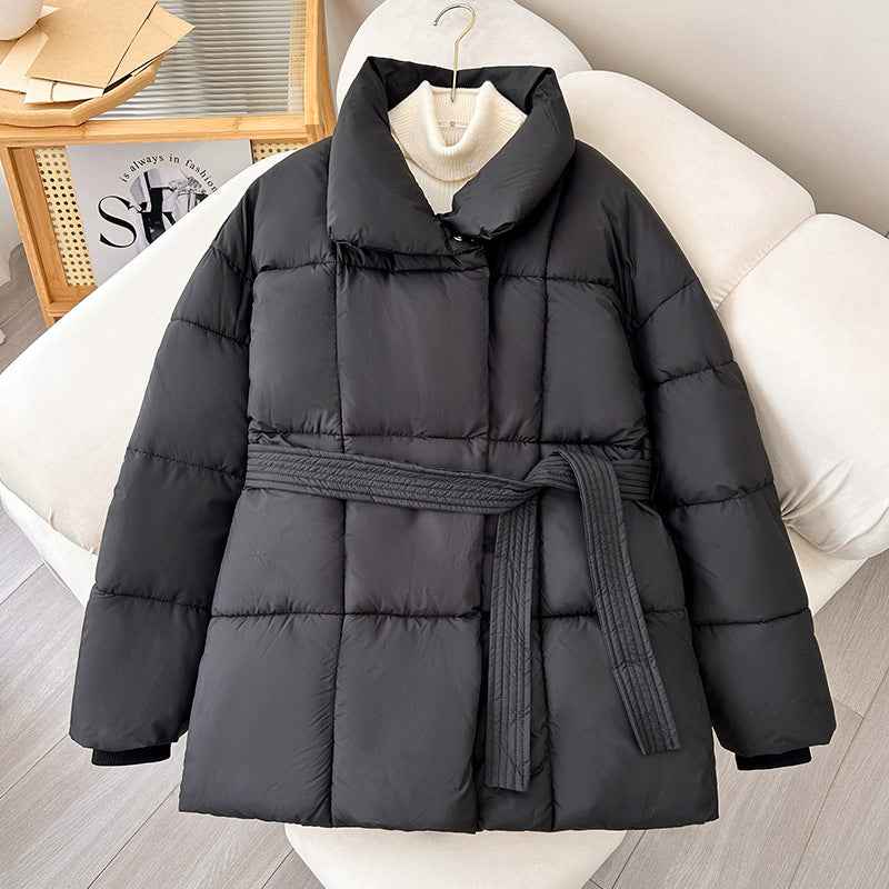 Winter Thick Stand Collar Women's Winter Puffer Jackets - Elegant Short Coats with Tie Waist for Ladies Streetwear