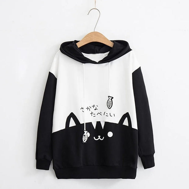 Spring Ladies Long Sleeve Cat Sweatshirt Womens Casual Kitty Cat Print Pocket Thin Hoodie Blouse Top Shirt худи женское платье - Pretty women dresses