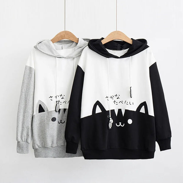 Spring Ladies Long Sleeve Cat Sweatshirt Womens Casual Kitty Cat Print Pocket Thin Hoodie Blouse Top Shirt худи женское платье - Pretty women dresses