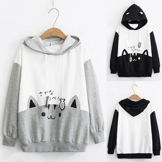 Spring Ladies Long Sleeve Cat Sweatshirt Womens Casual Kitty Cat Print Pocket Thin Hoodie Blouse Top Shirt худи женское платье - Pretty women dresses