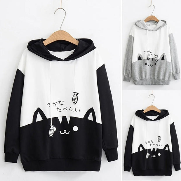 Spring Ladies Long Sleeve Cat Sweatshirt Womens Casual Kitty Cat Print Pocket Thin Hoodie Blouse Top Shirt худи женское платье - Pretty women dresses