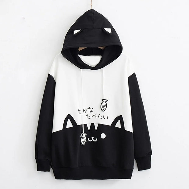 Spring Ladies Long Sleeve Cat Sweatshirt Womens Casual Kitty Cat Print Pocket Thin Hoodie Blouse Top Shirt худи женское платье