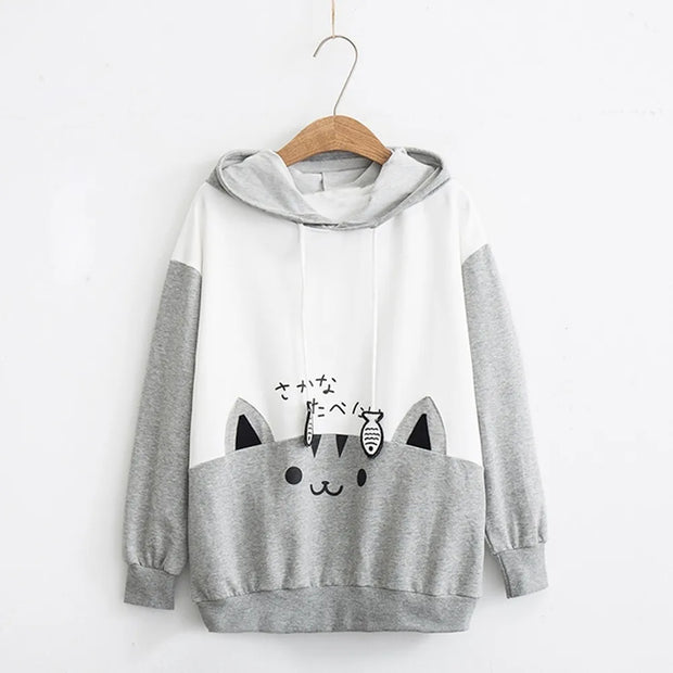Spring Ladies Long Sleeve Cat Sweatshirt Womens Casual Kitty Cat Print Pocket Thin Hoodie Blouse Top Shirt худи женское платье - Pretty women dresses