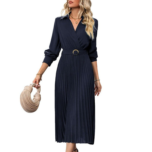 Lapel Shirt Women Pleated Long Sleeve Dress - Pretty women dresses