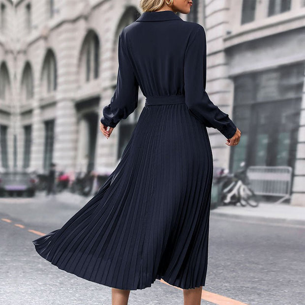 Lapel Shirt Women Pleated Long Sleeve Dress - Pretty women dresses