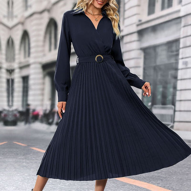 Lapel Shirt Women Pleated Long Sleeve Dress - Pretty women dresses