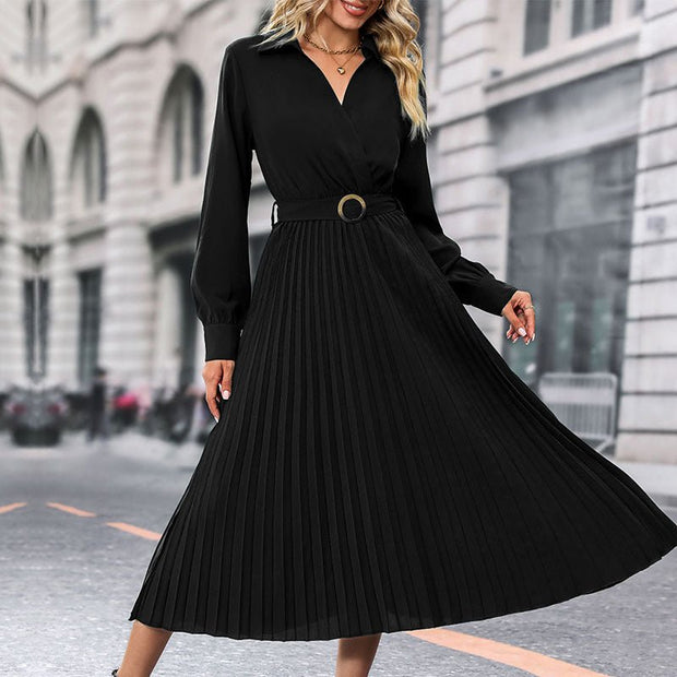 Lapel Shirt Women Pleated Long Sleeve Dress - Pretty women dresses