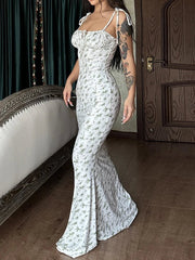 Summer Sexy Women Elegant Floral Printed Beach Vacation Bodycon Streetwear Long Dress Spaghetti Strap Sheath Dress - Pretty women dresses