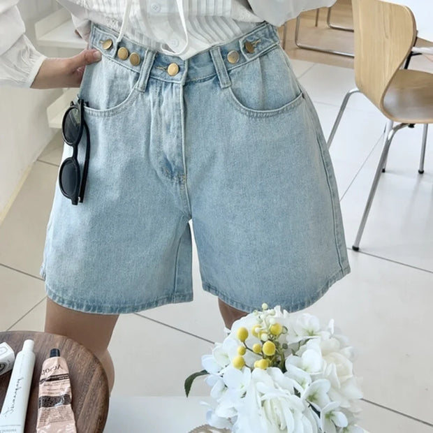 New 2025 Summer Denim Shorts For Women High Waist Sky Blue Color Wide Leg Loose Buttons Streetwear Loose Jean Shorts Women
