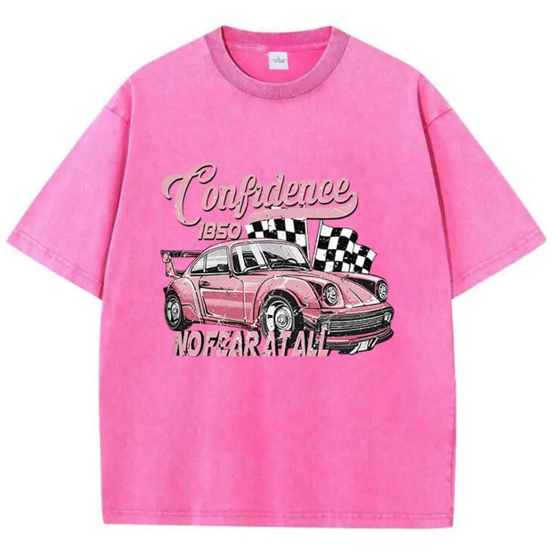 Street Woman Cotton Washed T-Shirts Cool Racing Cars No Fear At All Printing Tee Shirts O - Neck Loose Distressed Female Clothes - Pretty women dresses