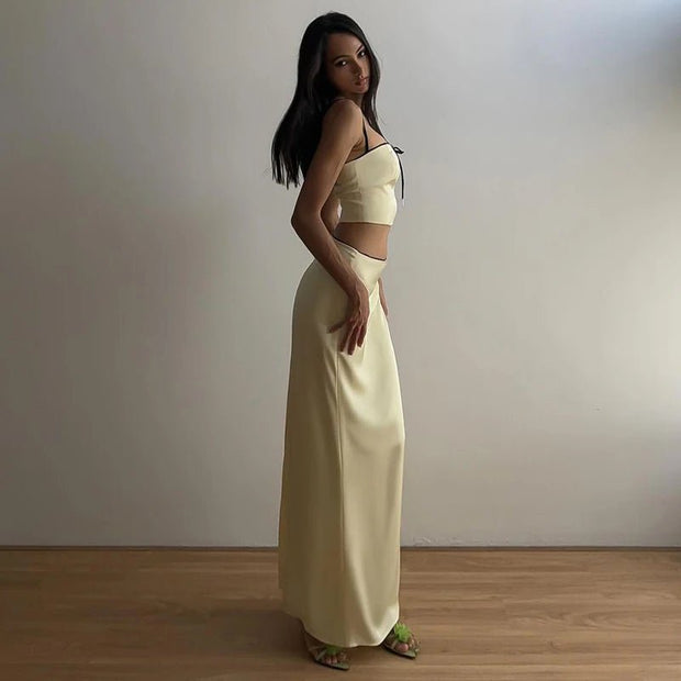 Sexy Camis Skirt Two Piece Set Women Summer New Sleeveless Crop Top High Waist Skirt Solid Slim Fashion Party Suit Streetwear - Pretty women dresses