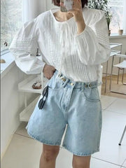 New 2024 Summer Denim Shorts For Women High Waist Sky Blue Color Wide Leg Loose Buttons Streetwear Loose Jean Shorts Women - Pretty women dresses