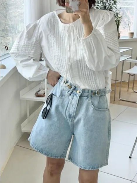 New 2024 Summer Denim Shorts For Women High Waist Sky Blue Color Wide Leg Loose Buttons Streetwear Loose Jean Shorts Women - Pretty women dresses