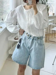 New 2024 Summer Denim Shorts For Women High Waist Sky Blue Color Wide Leg Loose Buttons Streetwear Loose Jean Shorts Women - Pretty women dresses