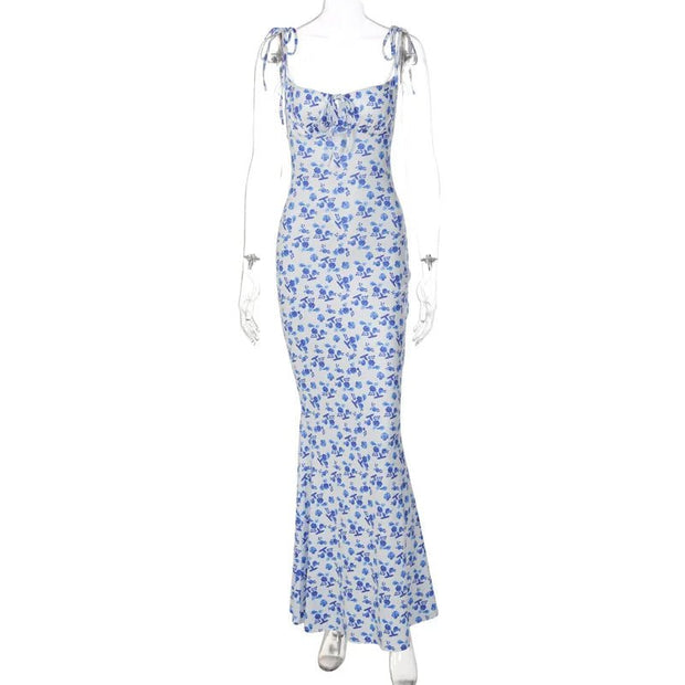 Summer Sexy Women Elegant Floral Printed Beach Vacation Bodycon Streetwear Long Dress Spaghetti Strap Sheath Dress - Pretty women dresses
