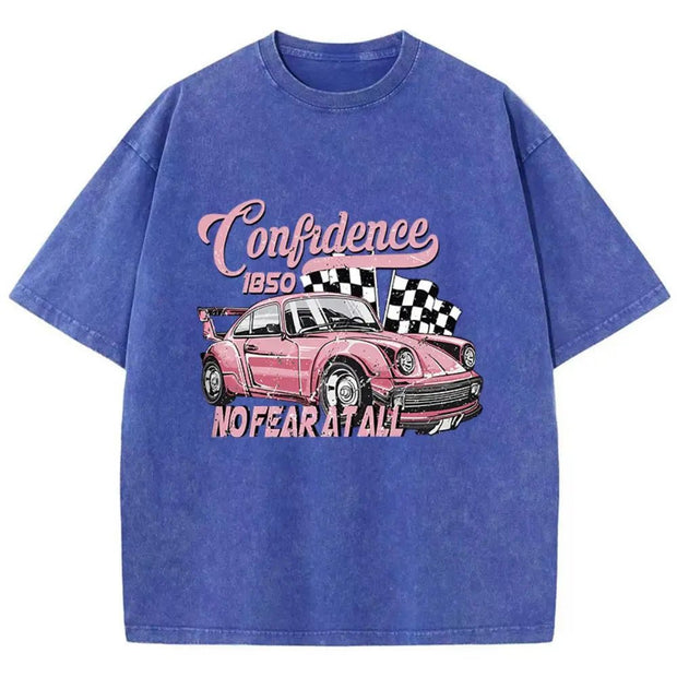 Street Woman Cotton Washed T-Shirts Cool Racing Cars No Fear At All Printing Tee Shirts O - Neck Loose Distressed Female Clothes - Pretty women dresses