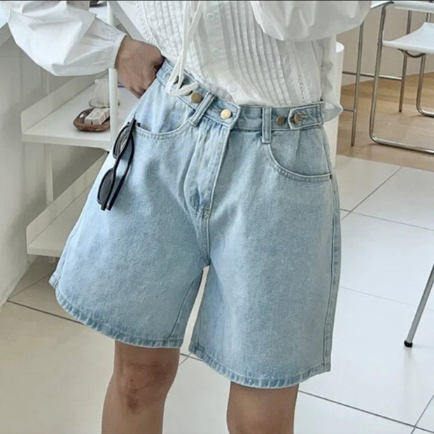 New 2024 Summer Denim Shorts For Women High Waist Sky Blue Color Wide Leg Loose Buttons Streetwear Loose Jean Shorts Women - Pretty women dresses