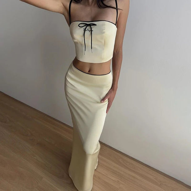 Sexy Camis Skirt Two Piece Set Women Summer New Sleeveless Crop Top High Waist Skirt Solid Slim Fashion Party Suit Streetwear - Pretty women dresses