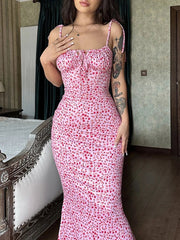 Summer Sexy Women Elegant Floral Printed Beach Vacation Bodycon Streetwear Long Dress Spaghetti Strap Sheath Dress - Pretty women dresses