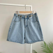 New 2024 Summer Denim Shorts For Women High Waist Sky Blue Color Wide Leg Loose Buttons Streetwear Loose Jean Shorts Women - Pretty women dresses
