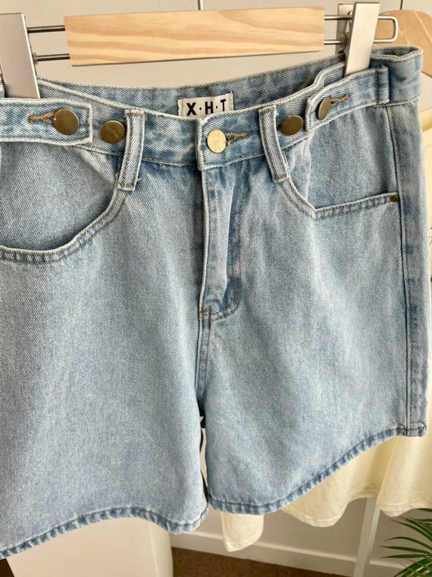 New 2024 Summer Denim Shorts For Women High Waist Sky Blue Color Wide Leg Loose Buttons Streetwear Loose Jean Shorts Women - Pretty women dresses
