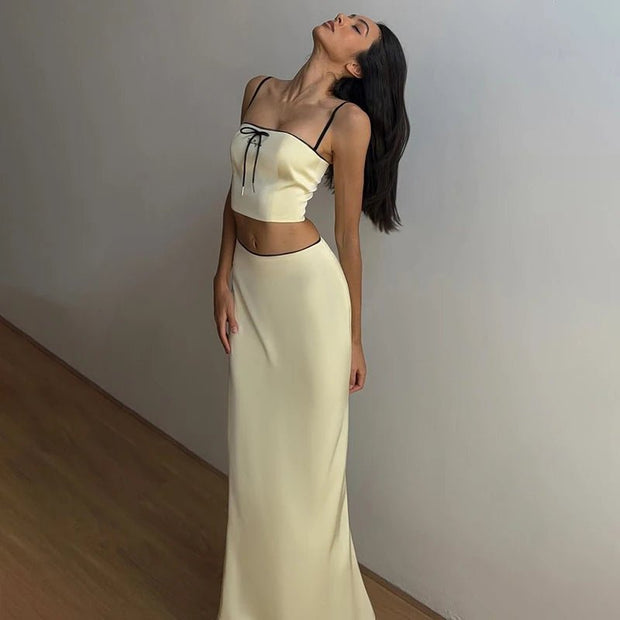 Sexy Camis Skirt Two Piece Set Women Summer New Sleeveless Crop Top High Waist Skirt Solid Slim Fashion Party Suit Streetwear - Pretty women dresses