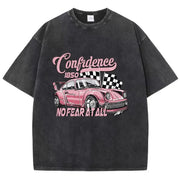 Street Woman Cotton Washed T-Shirts Cool Racing Cars No Fear At All Printing Tee Shirts O - Neck Loose Distressed Female Clothes - Pretty women dresses