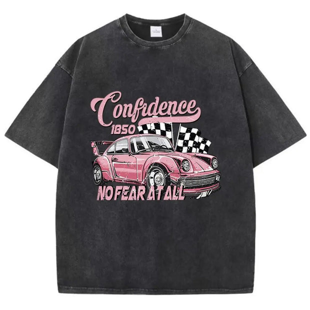 Street Woman Cotton Washed T-Shirts Cool Racing Cars No Fear At All Printing Tee Shirts O - Neck Loose Distressed Female Clothes - Pretty women dresses
