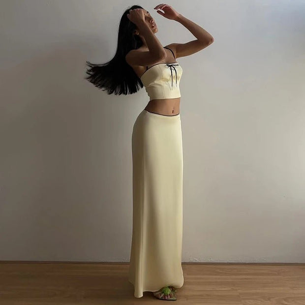 Sexy Camis Skirt Two Piece Set Women Summer New Sleeveless Crop Top High Waist Skirt Solid Slim Fashion Party Suit Streetwear - Pretty women dresses