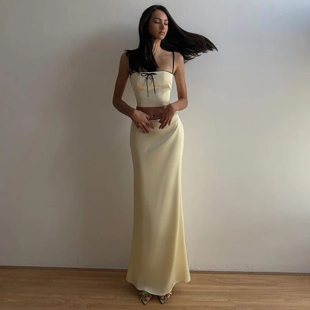 Sexy Camis Skirt Two Piece Set Women Summer New Sleeveless Crop Top High Waist Skirt Solid Slim Fashion Party Suit Streetwear - Pretty women dresses