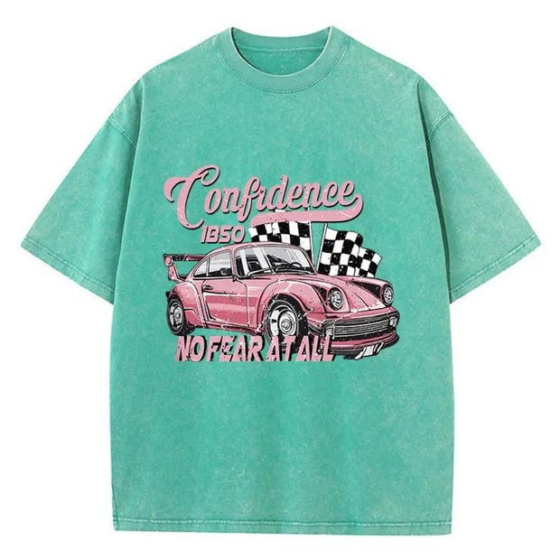 Street Woman Cotton Washed T-Shirts Cool Racing Cars No Fear At All Printing Tee Shirts O - Neck Loose Distressed Female Clothes - Pretty women dresses