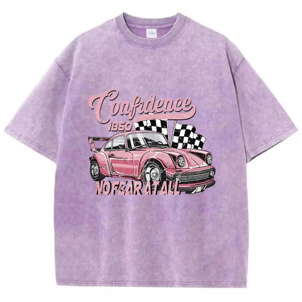 Street Woman Cotton Washed T-Shirts Cool Racing Cars No Fear At All Printing Tee Shirts O - Neck Loose Distressed Female Clothes - Pretty women dresses