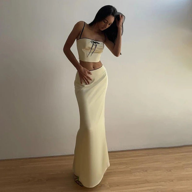 Sexy Camis Skirt Two Piece Set Women Summer New Sleeveless Crop Top High Waist Skirt Solid Slim Fashion Party Suit Streetwear - Pretty women dresses