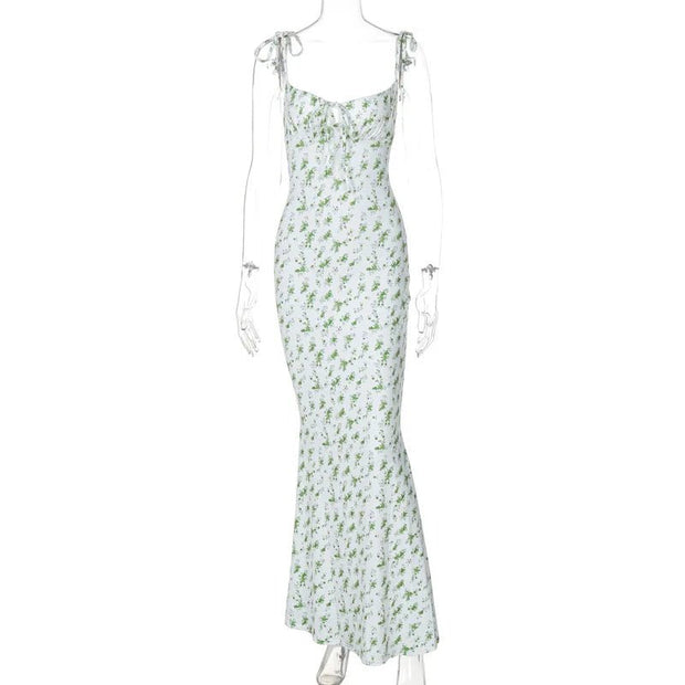 Summer Sexy Women Elegant Floral Printed Beach Vacation Bodycon Streetwear Long Dress Spaghetti Strap Sheath Dress - Pretty women dresses