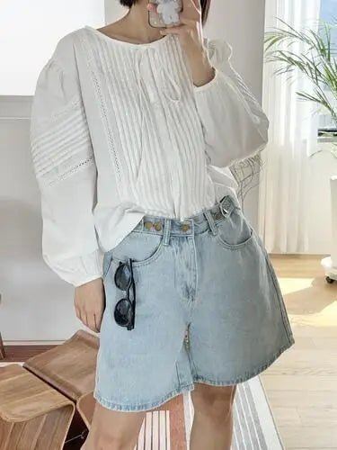 New 2024 Summer Denim Shorts For Women High Waist Sky Blue Color Wide Leg Loose Buttons Streetwear Loose Jean Shorts Women - Pretty women dresses