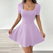 Women's Square Neck Short Sleeve Ruffle Hem A Line Flare Mini Basic Dress - Pretty women dresses