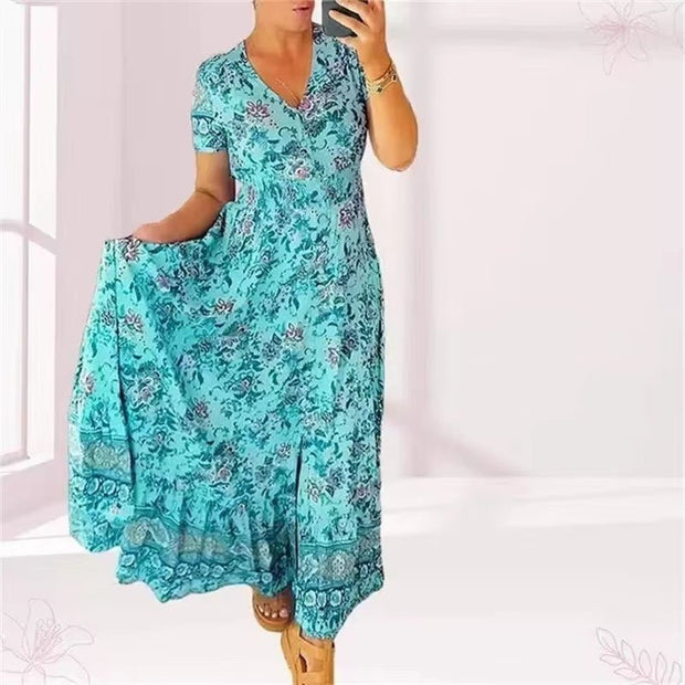 Floral Allure: Elegant Women’s Flower Print Deep V - Neck Dress - Pretty women dresses