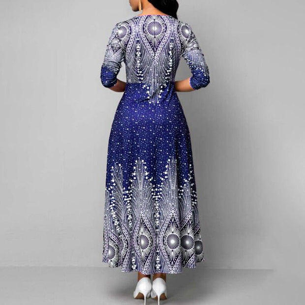 Women's Plus Size Elegant V - Neck Long Sleeve A - Line Dress With Starry Sky Print, Slim - Fit Flowy Maxi Dress For Holiday & Party Wear - Pretty women dresses