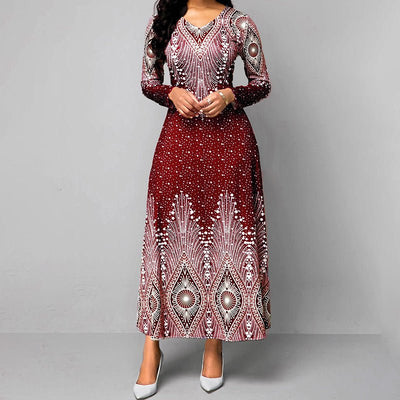 Women's Plus Size Elegant V - Neck Long Sleeve A - Line Dress With Starry Sky Print, Slim - Fit Flowy Maxi Dress For Holiday & Party Wear - Pretty women dresses