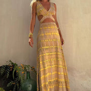 Elegant Sleeveless Split Long Dress for Women – High Waist, Hollow Out, Printed Party & Vacation Dress - Pretty women dresses