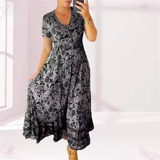 Floral Allure: Elegant Women’s Flower Print Deep V - Neck Dress - Pretty women dresses