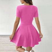 Women's Square Neck Short Sleeve Ruffle Hem A Line Flare Mini Basic Dress - Pretty women dresses