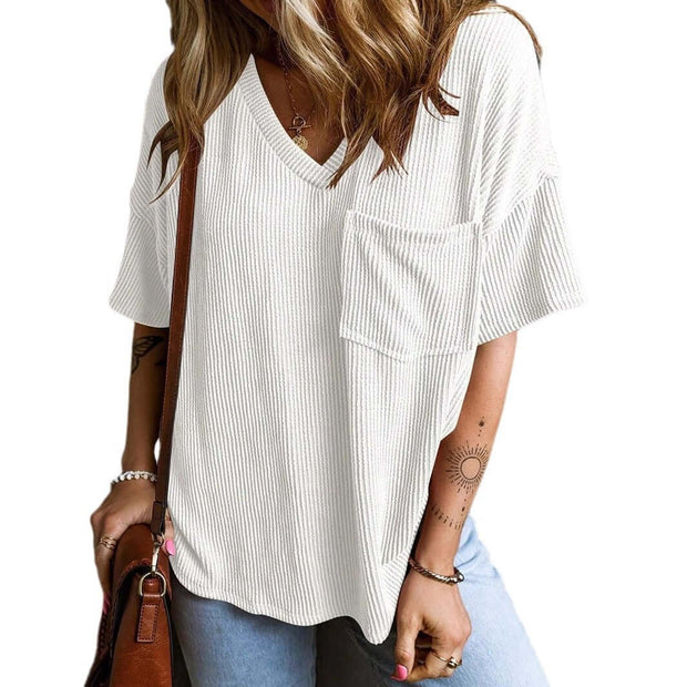 Fashionable Two-tone Pullover Short Sleeve V-neck Top For Women Fashionable Two-tone Pullover Short Sleeve V-neck Top For Women