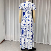 Ellafads™ Summer Glam Maxi Dress – Printed Deep V - Neck, Puff Sleeves, Waist - Slimming Fit for Beach to Party Chic - Pretty women dresses