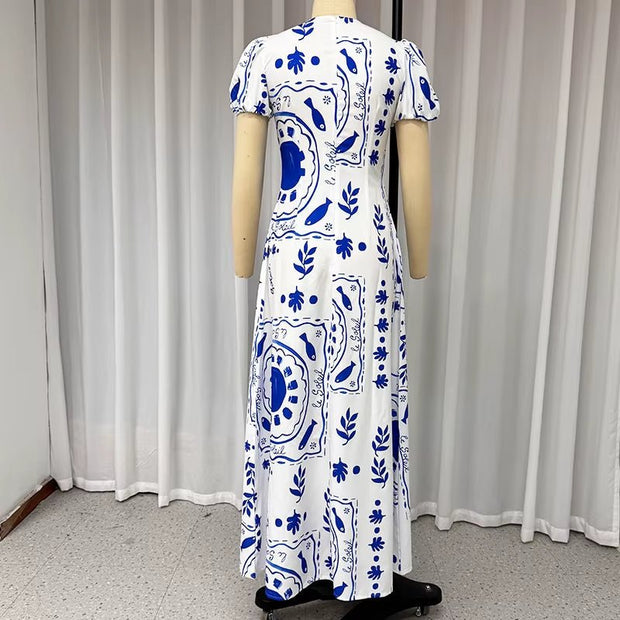 Ellafads™ Summer Glam Maxi Dress – Printed Deep V - Neck, Puff Sleeves, Waist - Slimming Fit for Beach to Party Chic - Pretty women dresses