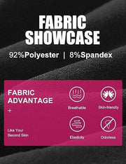 Fabric showcase highlighting 92% Polyester and 8% Spandex, with benefits like breathability and elasticity.