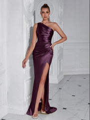 One - shoulder Pleated Slim Fit Slit Sexy Goddess Party Evening Dress - Pretty women dresses