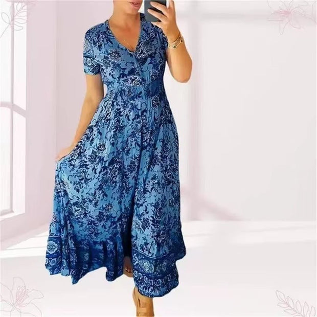 Floral Allure: Elegant Women’s Flower Print Deep V - Neck Dress - Pretty women dresses